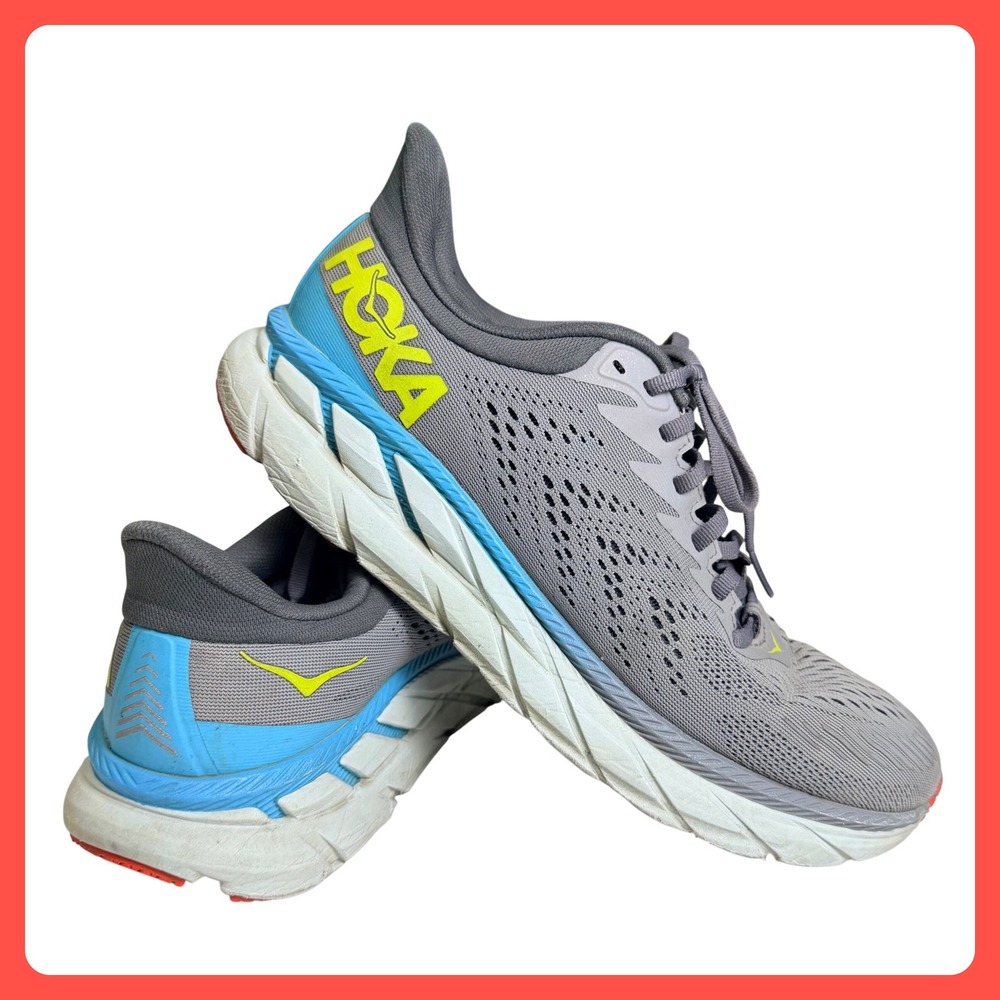 Hoka One One Clifton 7 Men's 10 Grey Blue‎ Mesh Road Running Sneakers Shoes